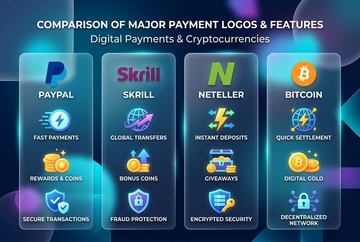 Infografika srovnávající loga e-peněženek PayPal Skrill a Bitcoin s indikátory rychlosti