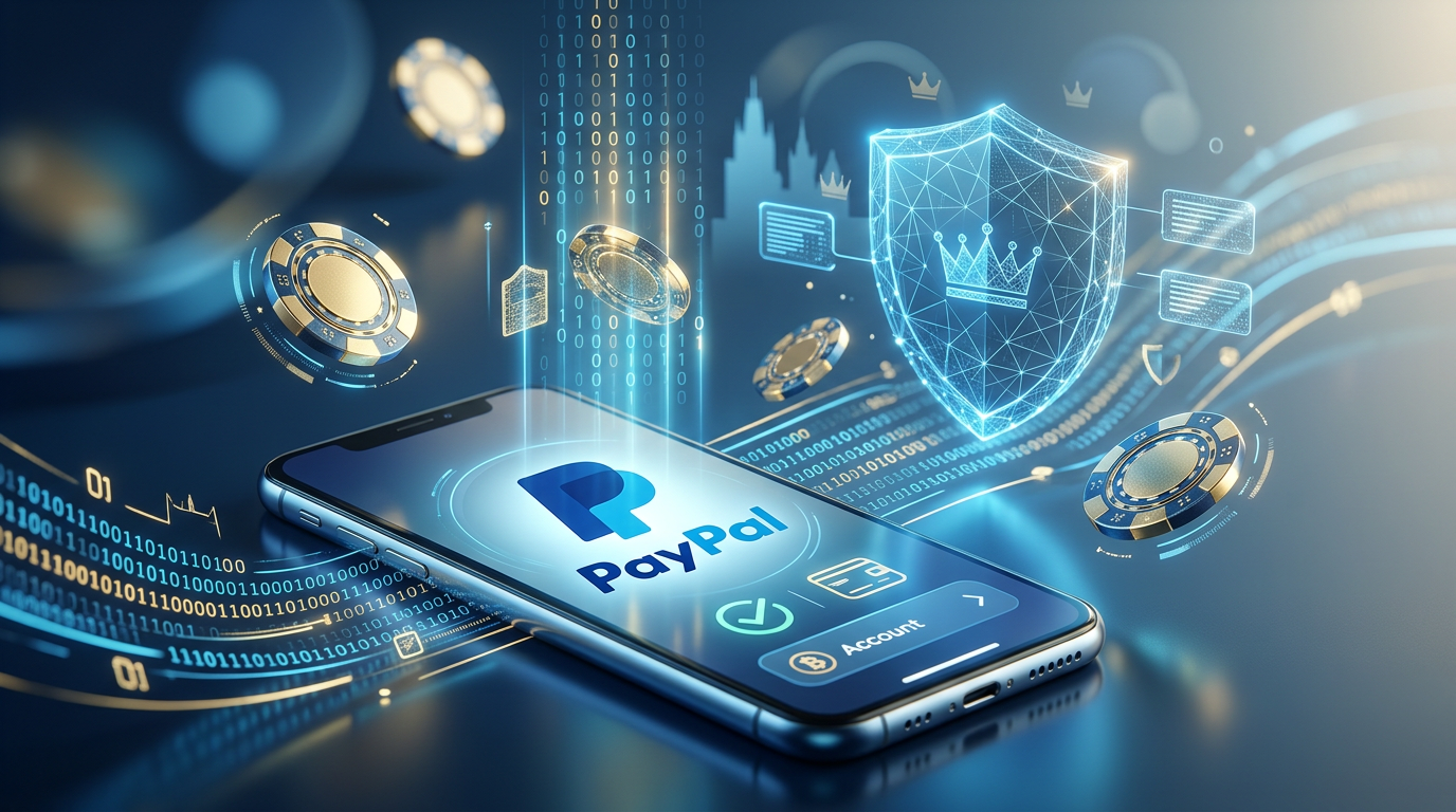 PayPal logo na displeji smartphonu v prostředí online kasina s prvky digitálního zabezpečení