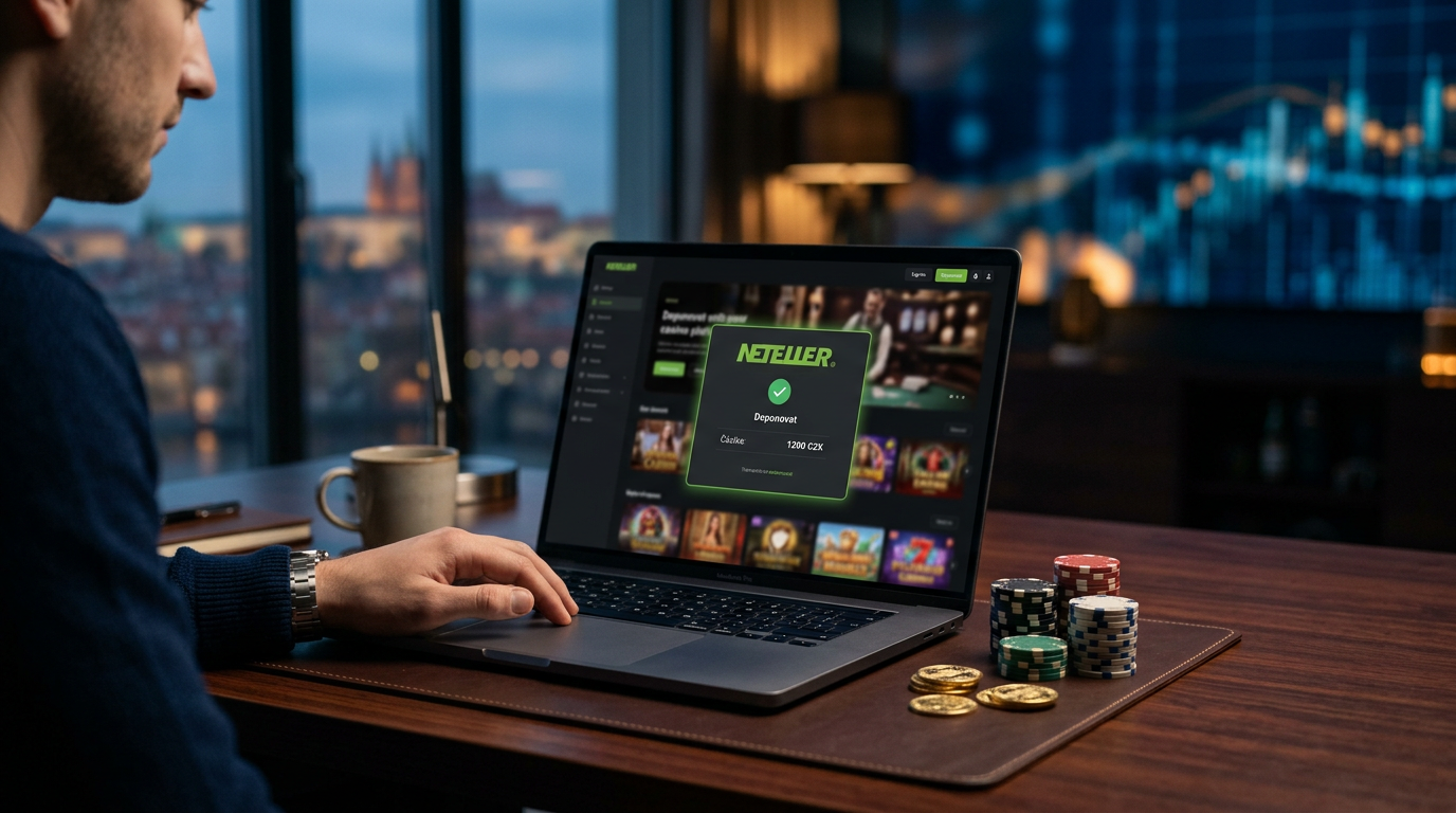 Luxusní rozhraní online kasina s logem Neteller a zlatými mincemi na stole