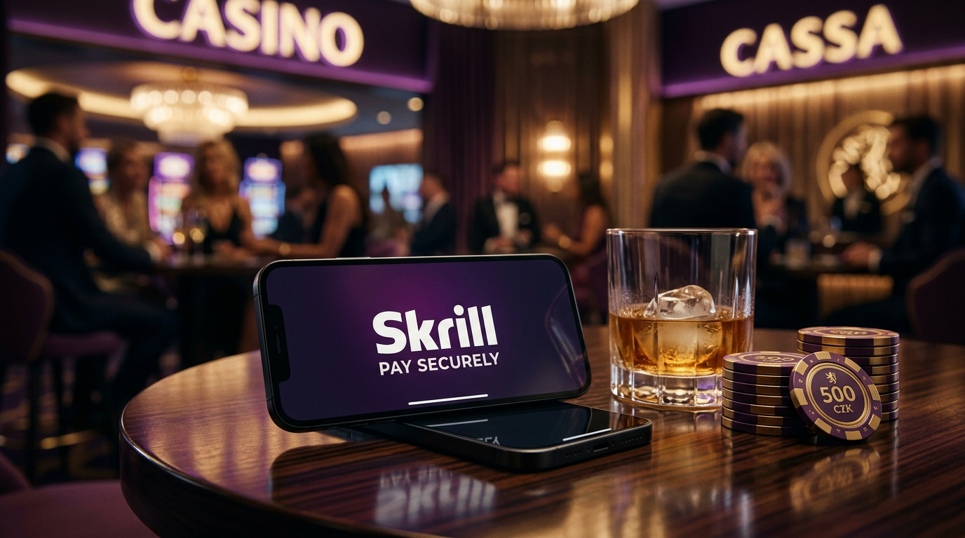 Moderní smartphone s aplikací Skrill v prostředí luxusního kasina