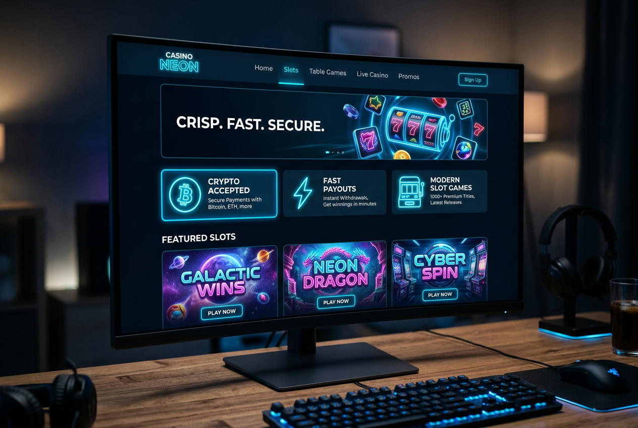 Moderní high-tech rozhraní online kasina s ikonami kryptoměn a neonovými prvky