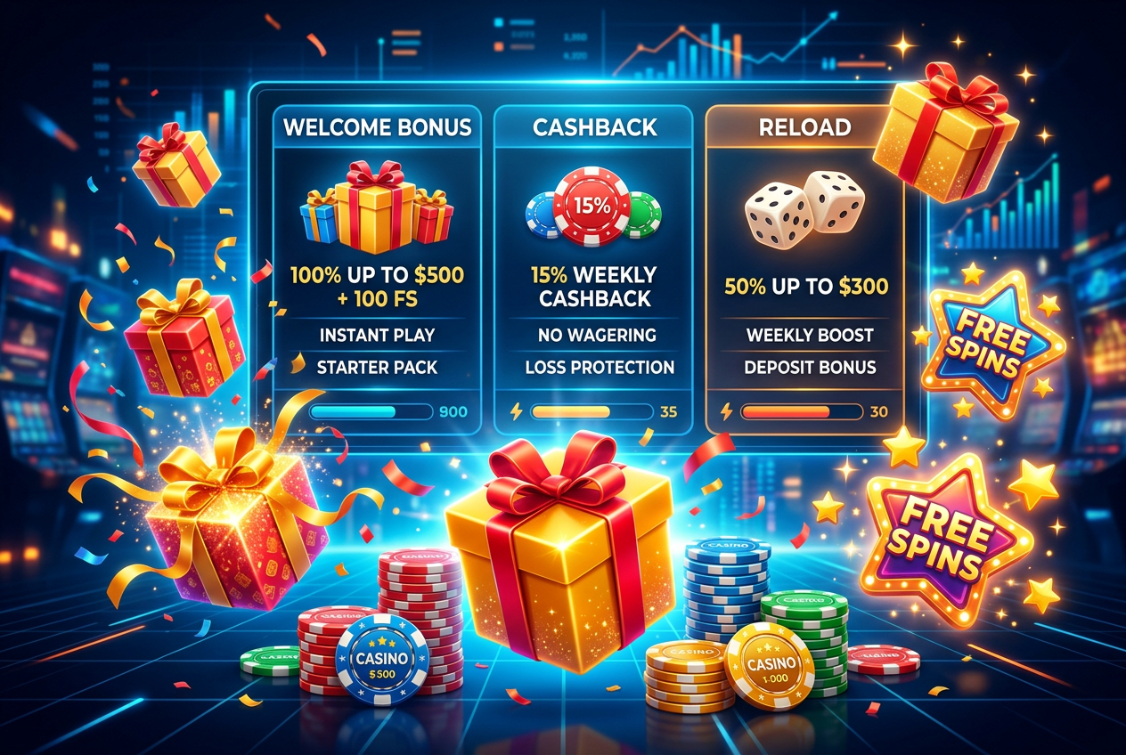 Srovnání typů bonusů v zahraničních kasinech: uvítací bonus, cashback a reload nabídky