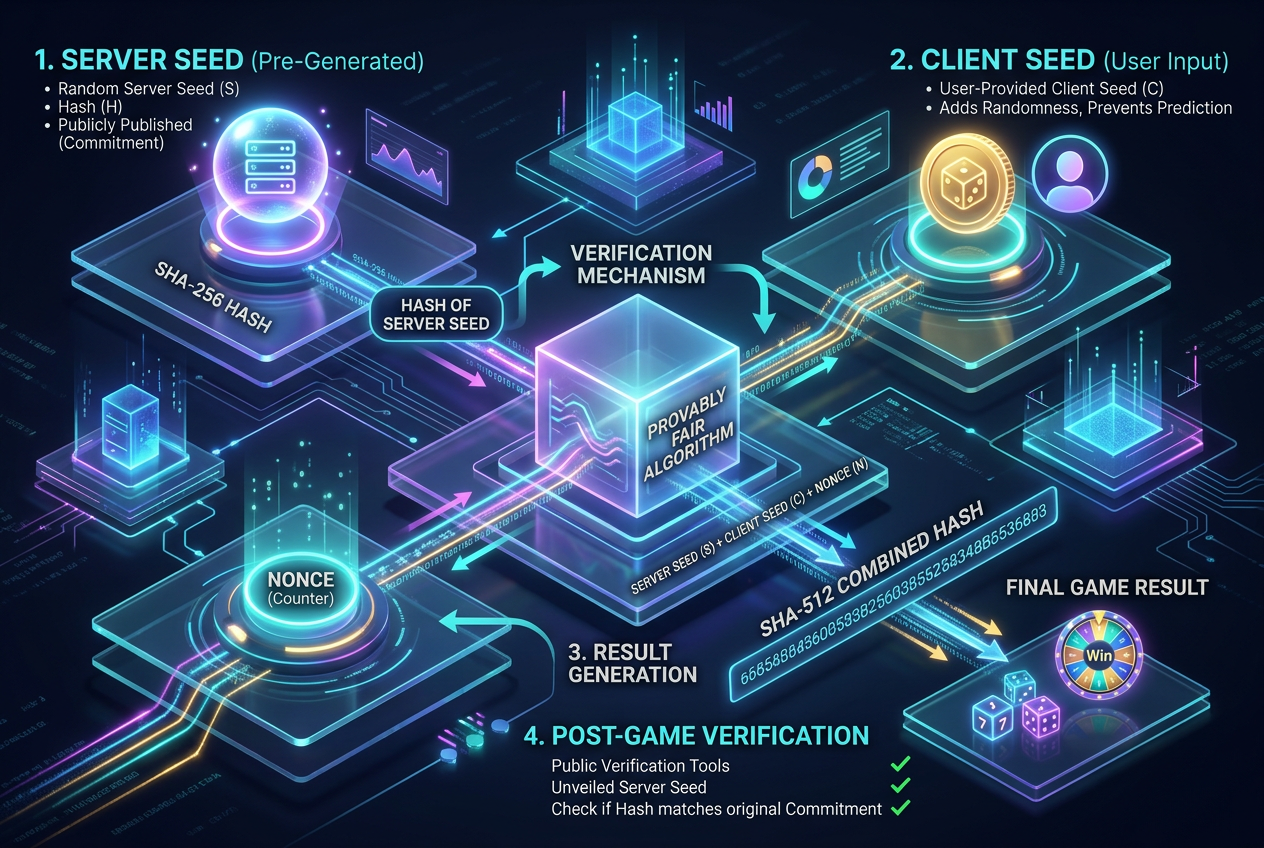Infografika vysvětlující algoritmus Provably Fair v blockchainovém kasinu
