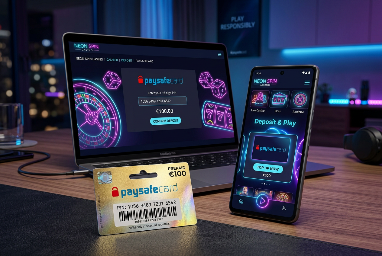 Moderní rozhraní online kasina na chytrém telefonu s PIN kódem Paysafecard