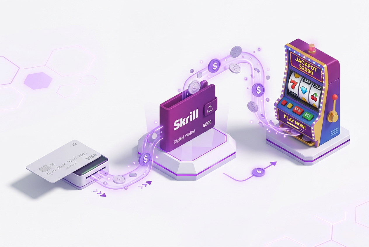Schéma toku peněz mezi uživatelem, Skrill peněženkou a online kasinem