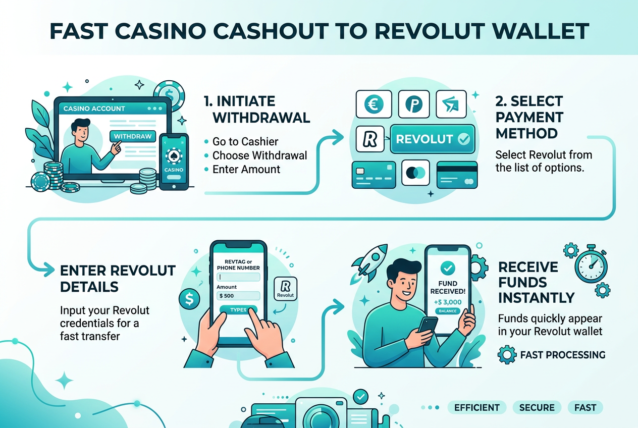 Infografika rychlého procesu výběru peněz z kasina na Revolut